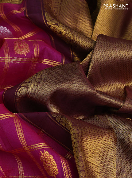 Kora kanchipuram silk saree magenta pink and coffee brown with allover zari checks & buttas and long zari woven border