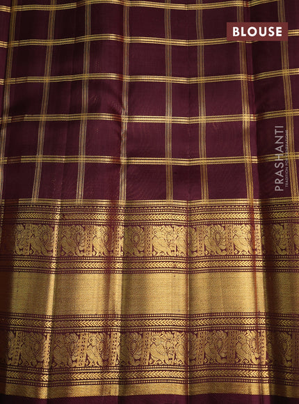 Kora kanchipuram silk saree magenta pink and coffee brown with allover zari checks & buttas and long zari woven border