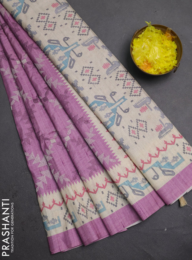 Art tussar saree purple and cream with allover embroidery work and printed border