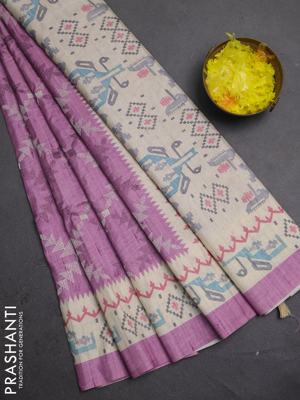 Art tussar saree purple and cream with allover embroidery work and printed border