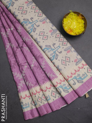 Art tussar saree purple and cream with allover embroidery work and printed border