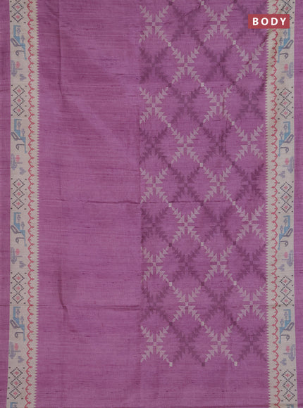 Art tussar saree purple and cream with allover embroidery work and printed border
