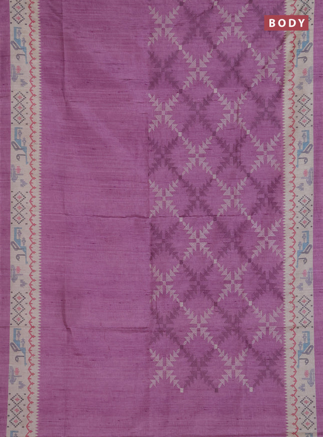 Art tussar saree purple and cream with allover embroidery work and printed border