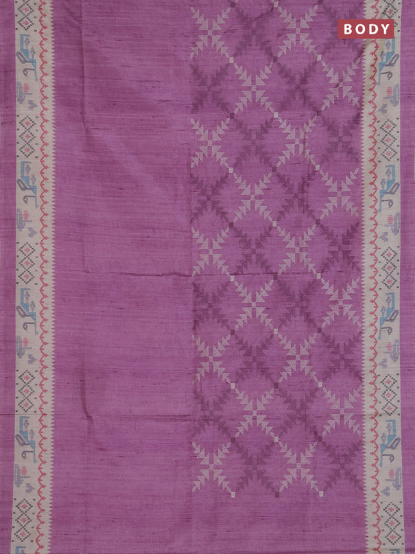 Art tussar saree purple and cream with allover embroidery work and printed border