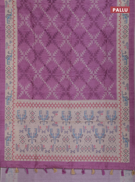 Art tussar saree purple and cream with allover embroidery work and printed border