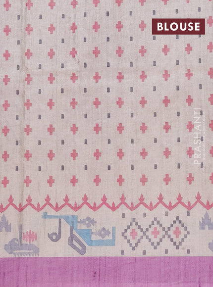Art tussar saree purple and cream with allover embroidery work and printed border