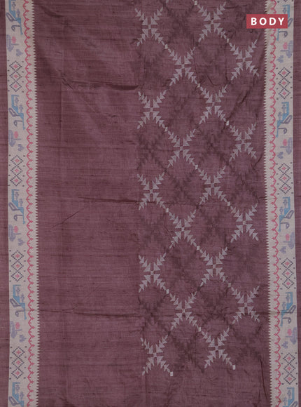 Art tussar saree pastel brown and cream with allover embroidery work and printed border
