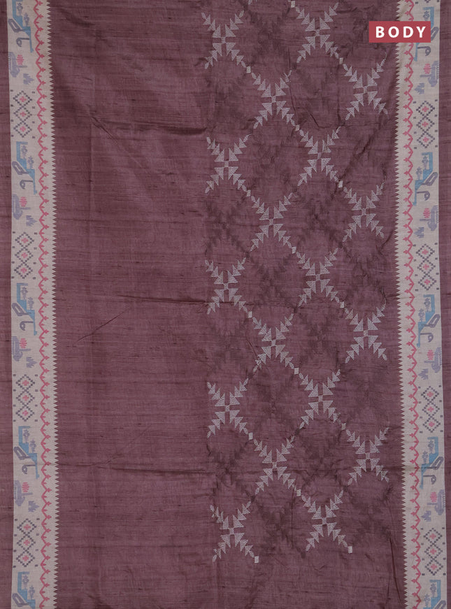 Art tussar saree pastel brown and cream with allover embroidery work and printed border
