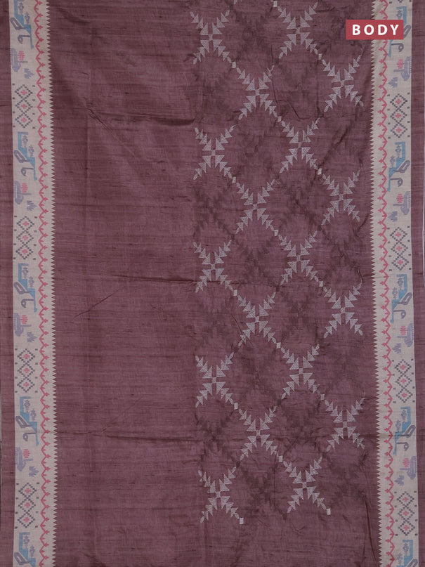 Art tussar saree pastel brown and cream with allover embroidery work and printed border