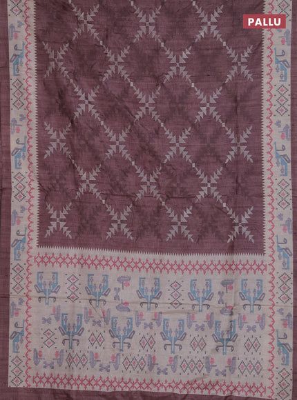 Art tussar saree pastel brown and cream with allover embroidery work and printed border