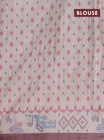 Art tussar saree pastel brown and cream with allover embroidery work and printed border