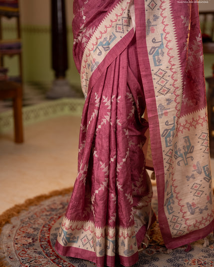 Art tussar saree onion pink and cream with allover embroidery work and printed border