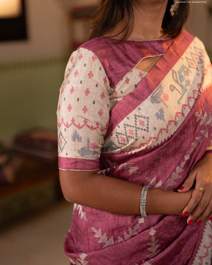 Art tussar saree onion pink and cream with allover embroidery work and printed border