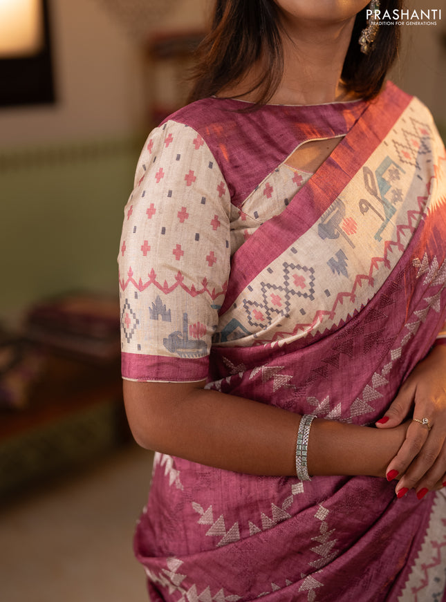 Art tussar saree onion pink and cream with allover embroidery work and printed border