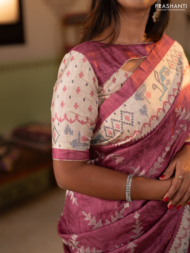 Art tussar saree onion pink and cream with allover embroidery work and printed border