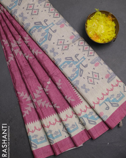 Art tussar saree onion pink and cream with allover embroidery work and printed border