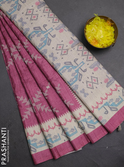 Art tussar saree onion pink and cream with allover embroidery work and printed border