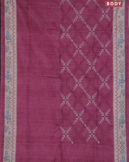 Art tussar saree onion pink and cream with allover embroidery work and printed border