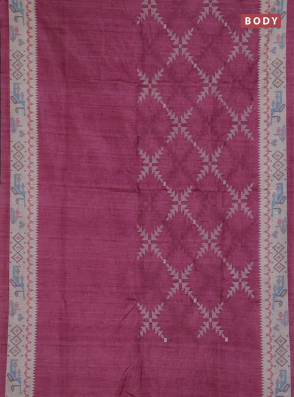 Art tussar saree onion pink and cream with allover embroidery work and printed border