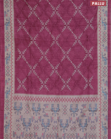Art tussar saree onion pink and cream with allover embroidery work and printed border