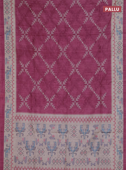 Art tussar saree onion pink and cream with allover embroidery work and printed border