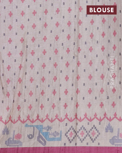 Art tussar saree onion pink and cream with allover embroidery work and printed border