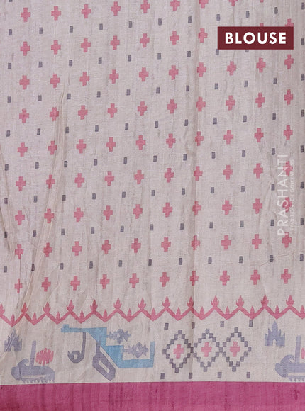 Art tussar saree onion pink and cream with allover embroidery work and printed border