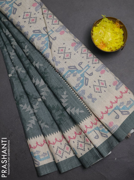 Art tussar saree green shade and cream with allover embroidery work and printed border