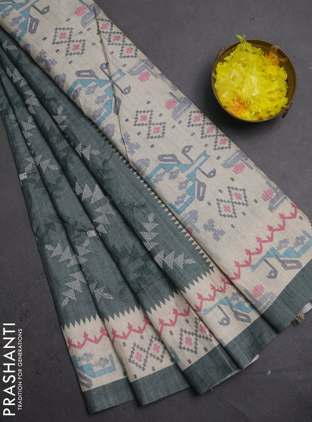 Art tussar saree green shade and cream with allover embroidery work and printed border