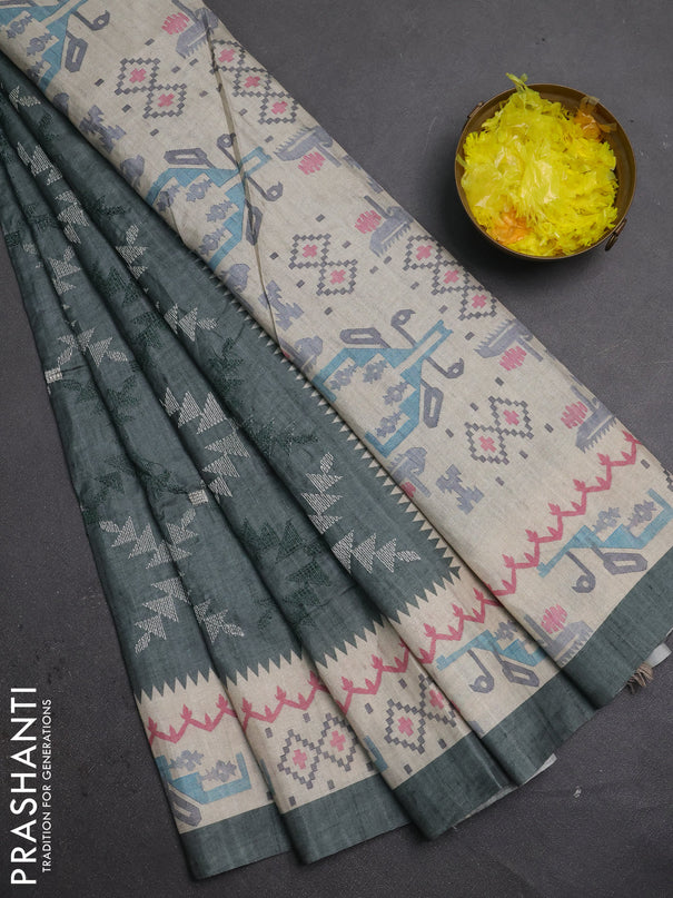 Art tussar saree green shade and cream with allover embroidery work and printed border