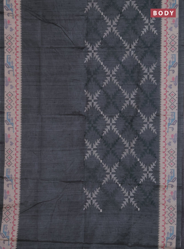 Art tussar saree green shade and cream with allover embroidery work and printed border