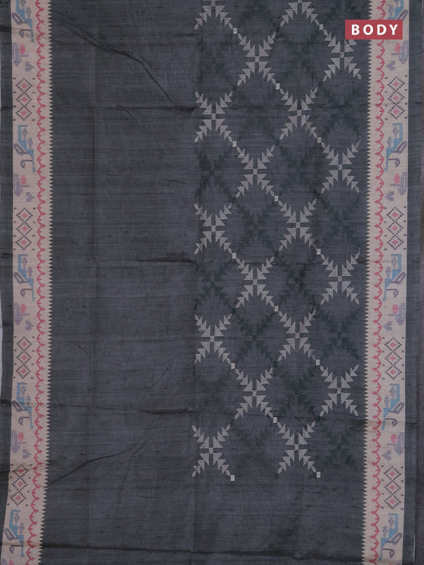 Art tussar saree green shade and cream with allover embroidery work and printed border