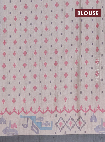 Art tussar saree green shade and cream with allover embroidery work and printed border
