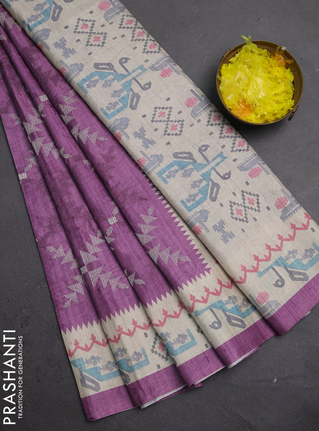Art tussar saree purple and cream with allover embroidery work and printed border
