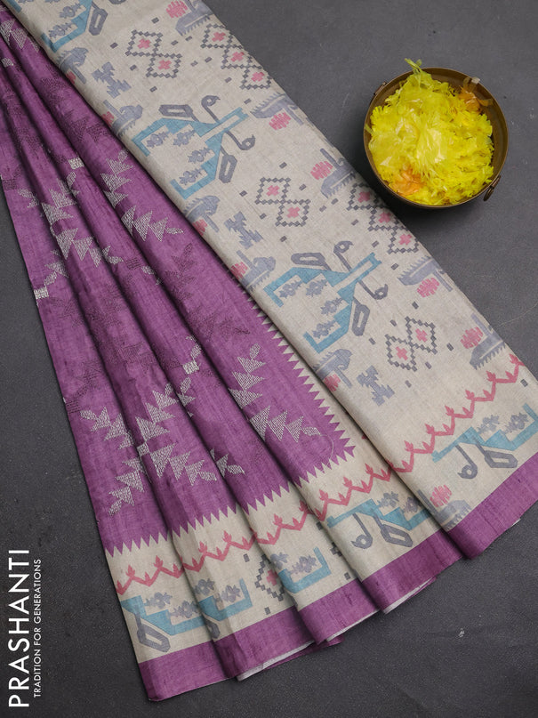 Art tussar saree purple and cream with allover embroidery work and printed border