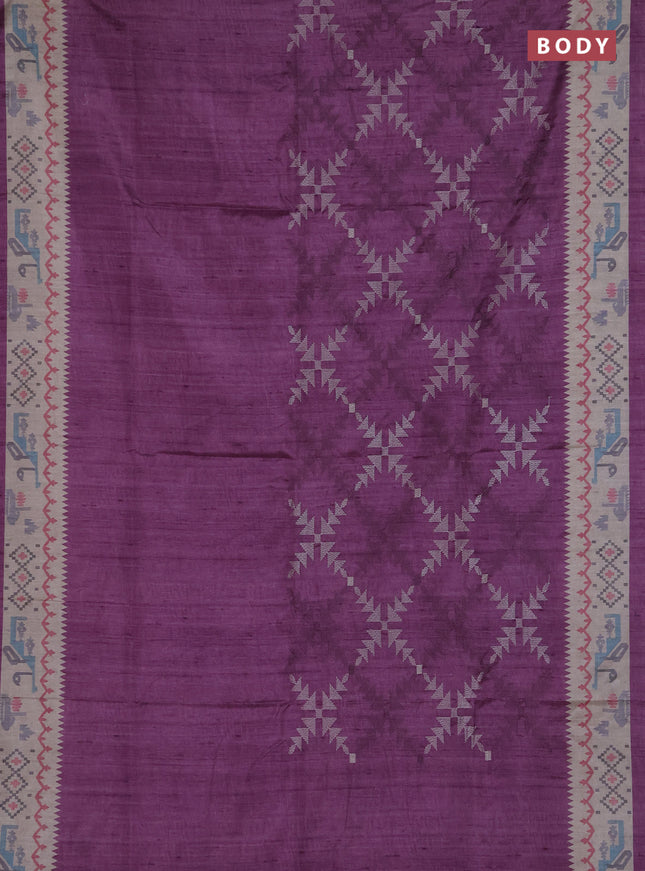 Art tussar saree purple and cream with allover embroidery work and printed border