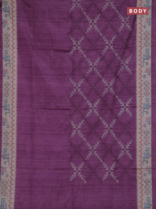 Art tussar saree purple and cream with allover embroidery work and printed border