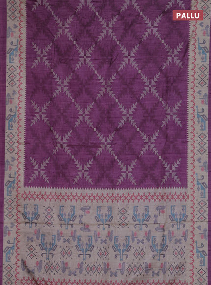 Art tussar saree purple and cream with allover embroidery work and printed border