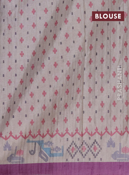 Art tussar saree purple and cream with allover embroidery work and printed border