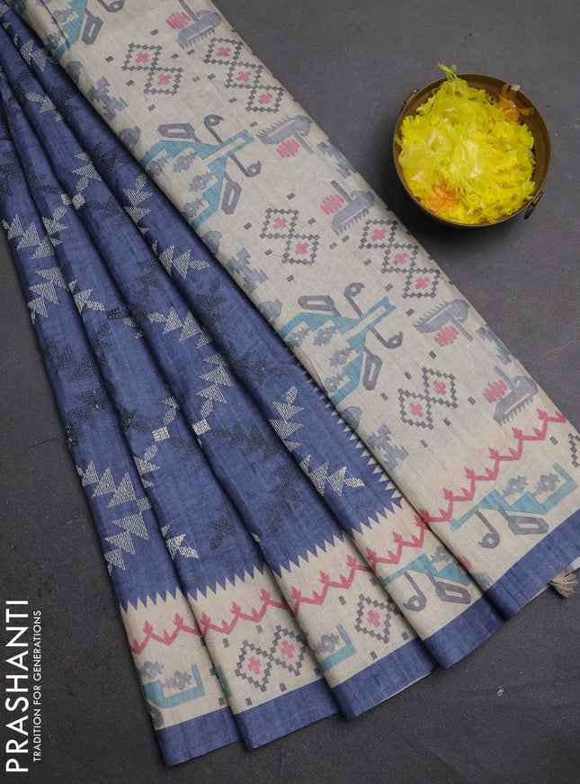 Art tussar saree dark grey and cream with allover embroidery work and printed border