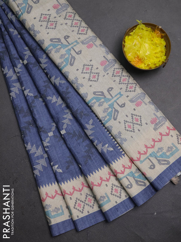 Art tussar saree dark grey and cream with allover embroidery work and printed border