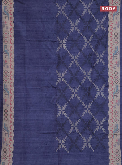 Art tussar saree dark grey and cream with allover embroidery work and printed border