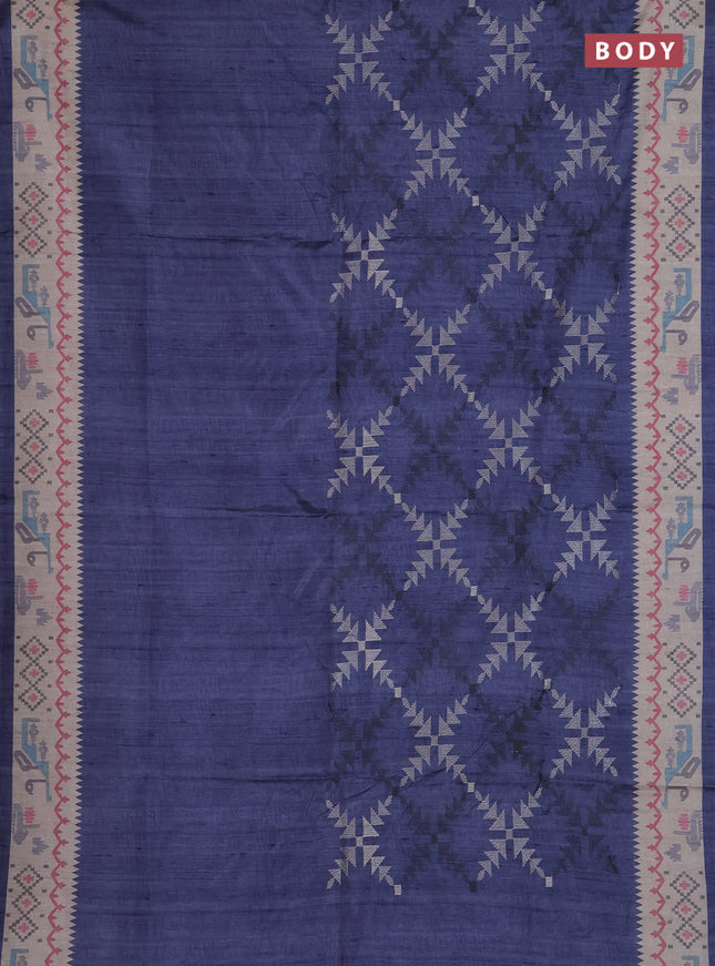 Art tussar saree dark grey and cream with allover embroidery work and printed border