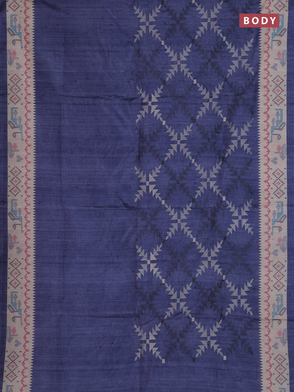 Art tussar saree dark grey and cream with allover embroidery work and printed border