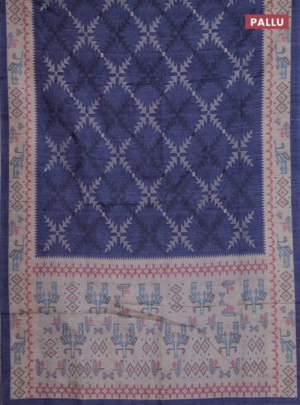 Art tussar saree dark grey and cream with allover embroidery work and printed border