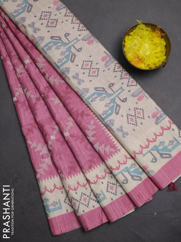 Art tussar saree mauve pink and cream with allover embroidery work and printed border
