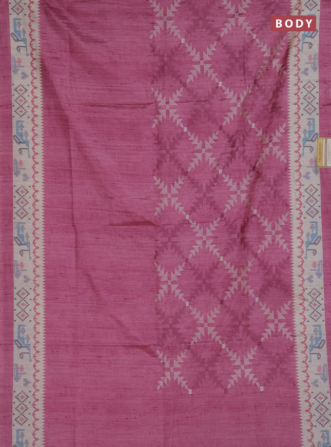 Art tussar saree mauve pink and cream with allover embroidery work and printed border