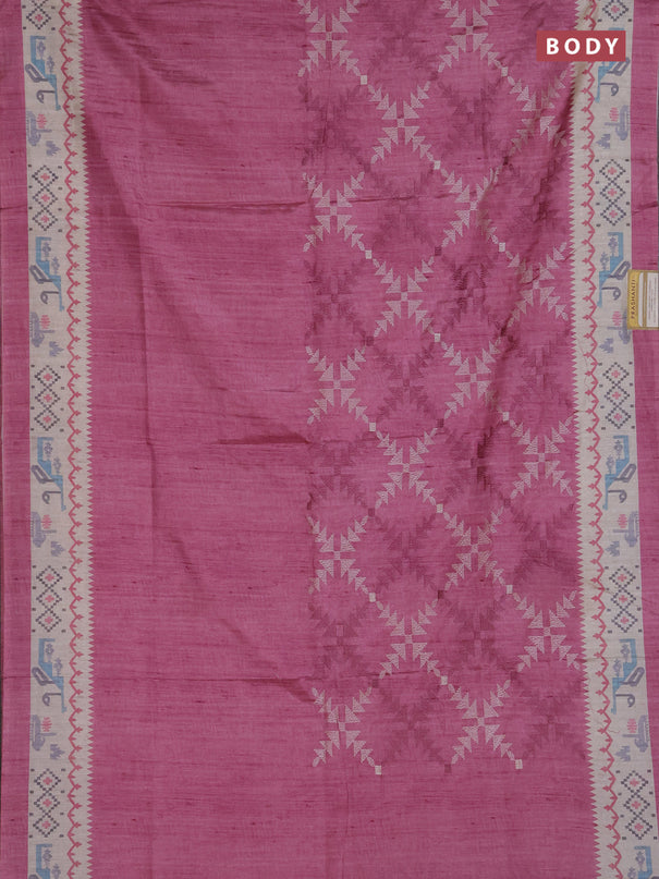 Art tussar saree mauve pink and cream with allover embroidery work and printed border
