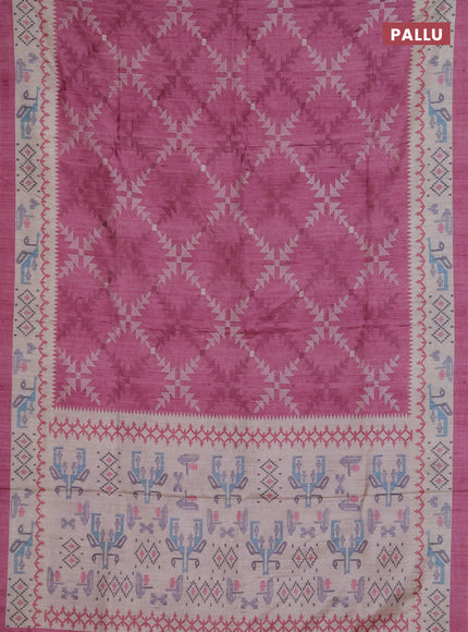 Art tussar saree mauve pink and cream with allover embroidery work and printed border