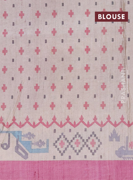 Art tussar saree mauve pink and cream with allover embroidery work and printed border